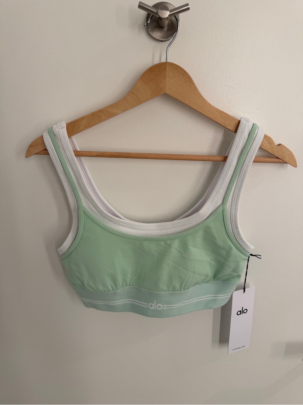 ALO Yoga Mint & White Ribbed Low-Impact Sports Bralette in speermint color